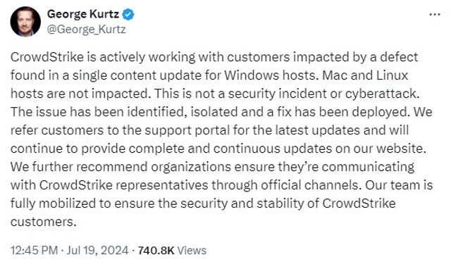 CrowdStrike CEO'su Kurtz: Siber saldırı değil