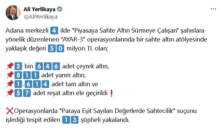 Adana merkezli 4 ilde 'sahte altın' operasyonu: 13 gözaltı